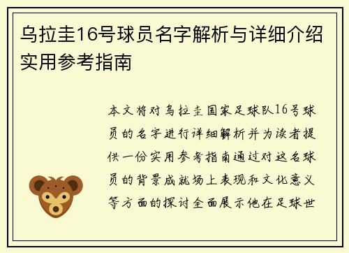 乌拉圭16号球员名字解析与详细介绍实用参考指南